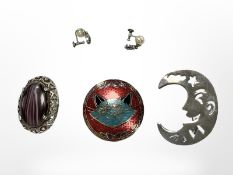 A Sterling silver moon brooch together with pair of silver earrings,