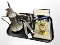 A Victorian style brass inkwell, together with cased spoon and fork, pair of tailor's shears,