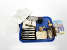 Miscelaneous items to include a Velos Solo Bakelite pencil sharpener, a case of set butter knives,