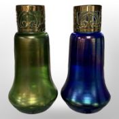 A pair of Art Nouveau blue and green iridescent glass vases with brass mounts, height 19.5cm.