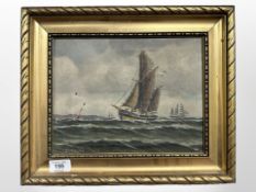 Danish School : Boats in high seas, oil on canvas, 27 cm x 21 cm.