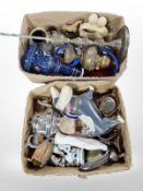 A quantity of metal wares, brass candlestick, oil lamp and vase, silver plated teapot, glass wares,