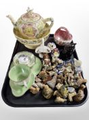 A Maling green lustre sandwich plate, tea cup and two further bowls, quantity of Wade whimsies,