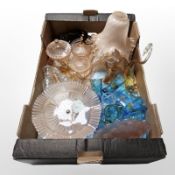 A group of Art Deco and later glass wares, three pink glass light shades, candlesticks,