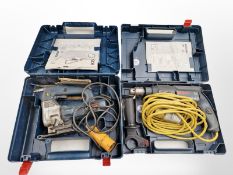 A Bosch jigsaw and drill in plastic cases.