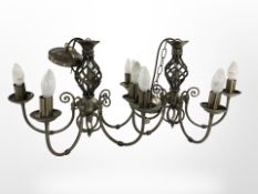 A pair of contemporary metal five-sconce chandeliers, diameter 48cm.