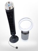 A Dyson air multiplier desk fan and a Honeywell cold air fan.