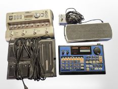 A Boss Jamstation JS-5 backing machine with audio track, a Digitech footswitch, a Line 6 JM4 looper,