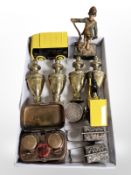 A leather mounted travelling ink well, silver pillbox made from a 1941 half crown, silver stamp box,