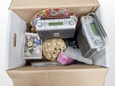 Two Roberts digital portable radios, a decorative mosaic mirror, other homewares and ornaments.