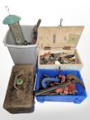 Assorted hand tools, vice, bolt cutters, garden bird feeder,