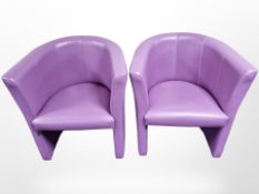A pair of Frovi stitched purple leather armchairs, width 69 cm.
