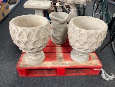 A pair of concrete 'pineapple' planters, height 49cm.