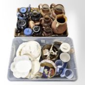 A group of stoneware jugs, pottery teapot,