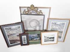 A group of pictures and prints and an ornate brass mirror,