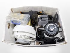 A group of homewares including Ninja blender, fan, speaker, further pair of Celestion speakers,