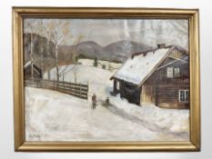 Danish School : Figures by a rural barn, oil on canvas, 59 cm x 44 cm.