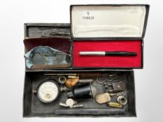 A tin containing boxed Parker pen, pair of antique spectacles in case, milliamp meter,