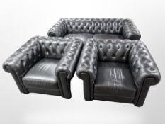 A Chesterfield black buttoned leather club settee, length 190 cm,