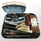 A musical dressing table set, together with vintage tie press, spectacles and sunglasses,