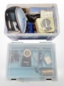 A Fender Aby pedal, Nux drum and loop pro pedal, two Honeytone headphone amps,