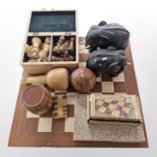 A hardwood chess board and turned boxwood chess pieces, set of draughts,