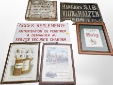 A group of French enameled signs and reproduction prints, including Haig Whisky.