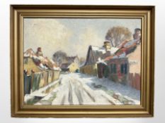 Danish School : A snow covered lane by buildings, oil on canvas, 39 cm x 29 cm.