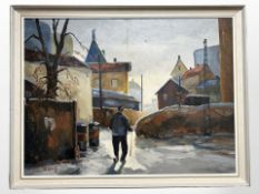 Allan Karms : Figure walking in snow, oil on canvas, 78 cm x 58 cm.