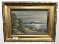 H P Enginann : Boats on a lake at sunset, oil on canvas, 29 cm x 19 cm.