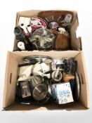 Assorted kitchen ware, stainless steel pots, knife block, quartz wall clock,