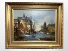 M R Prenelle : Dutch scene with figures on a frozen flooded river, oil on board,