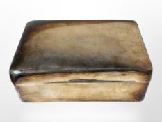 A silver cigarette box, marks rubbed, width 14.5 cm.