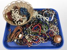 Assorted costume beaded necklaces, wrist watches,