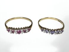 Two 9ct gold dress rings set with rubies and amethysts, each size U.