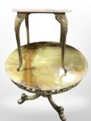 A cast brass and onyx circular occasional table, diameter 62cm, and a further marble topped table.