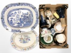A Blue and White willow pattern meat plate, plus another, further ceramics including Wedgwood,