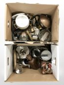 Assorted metal ware, silver plated items, copper food dish on stand,