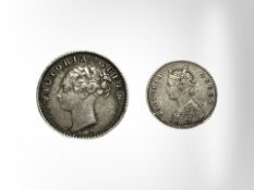 A quarter silver rupee 1840 and an 1862 2 Annas coin.