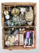 Various cutlery, silver plated wares, brass tea pot, quartz mantel time piece,