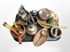 A group of treen items, Japanese lacquered export trinket box, pestle and mortar, table bell, etc.
