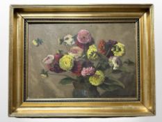 Danish School : Still life of flowers in a vase, oil on board, 38 cm x 26 cm, indistinctly signed.