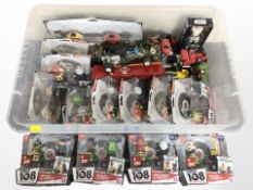 A group of playworn die cast vehicles, Character Toys Hero 108 figurines, in boxes,