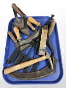 A folding rule, wrought iron eel fork, antique kitchen knives,