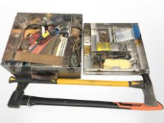 A metal chest with lift out tray of assorted tools and hard ware,