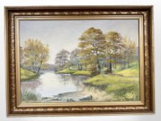 Danish School : Trees by a lake, oil on canvas, 64 cm x 44 cm.