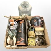 Two Ringtons tins, cloisonne vase, two terracotta vases, assorted bottles,