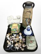 A group of Wade whimsies, porcelain half dolls, Copeland Spode lidded box,