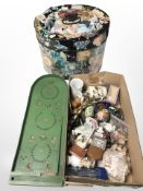 A small bagatelle board, Victorian tin hat box with decoupage decoration, box of trinkets, ceramics,