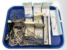 Several pairs of silver earrings, dress rings, a cultured pearl necklace with 14ct gold clasp,